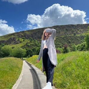 Women's grey and red trench coat blazer